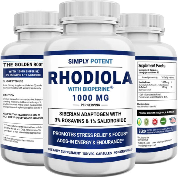 Max Absorption Extra Strength Rhodiola Rosea Supplement with Bioperine, 180 Capsule 1000mg Vegan Rhodiola Rosea Powder Extract 3% Rosavin and 3% Salidroside Pill for Stress Relief, Mood, Focus and Energy