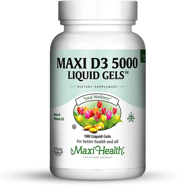 Maxi Health D3 5000 Liquid Gels - Natural Vitamin D3 - Nutrition Supplement - 180 Capsules - Kosher