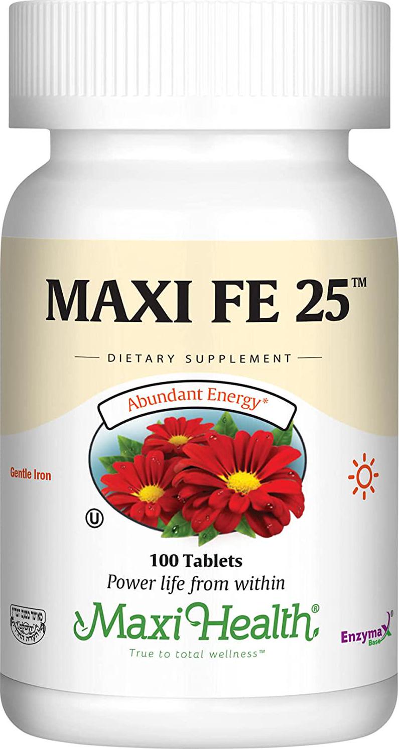 Maxi Health FE 25 - Gentle Iron - Ferrous Fumarate Supplement - 100 Tablets - Kosher Iron (Pack of 1)