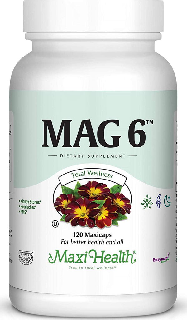 Maxi Health MAG 6 - Magnesium - with Vitamin B6 - Kidney Stones Support - 120 Capsules - Kosher
