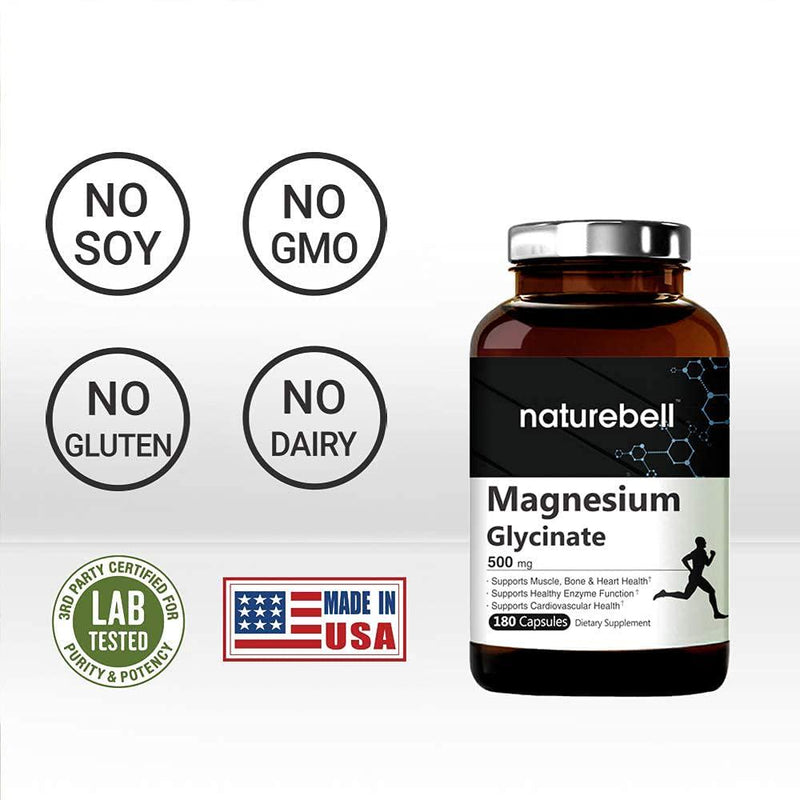 Maximum Strength Magnesium Glycinate 500mg, 180 Capsules, Supports Muscle, Bone, Joint, Heart Health, Enzyme Function, No GMOs, Made In USA