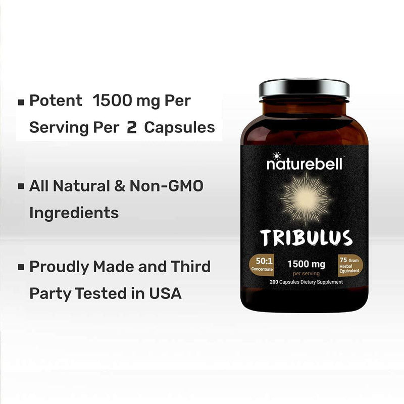 Maximum Strength Organic Tribulus Terrestris Extract 50:1 (Active 60% Saponins), 1500mg Per Serving, 200 Capsules, Testosterone Booster for Libido, Stamina and Energy, No GMOs.