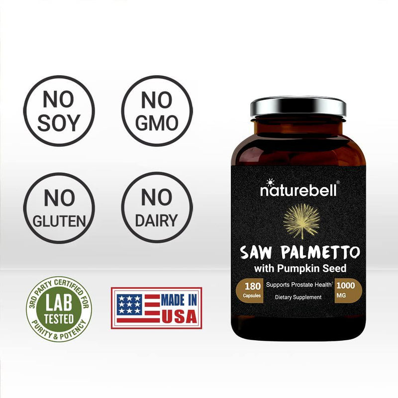 Maximum Strength Saw Palmetto Supplement, 1000mg Per Serving, 180 Capsules, Strongly Promotes Prostate Health and Urinary System, Non-GMO and Made in USA