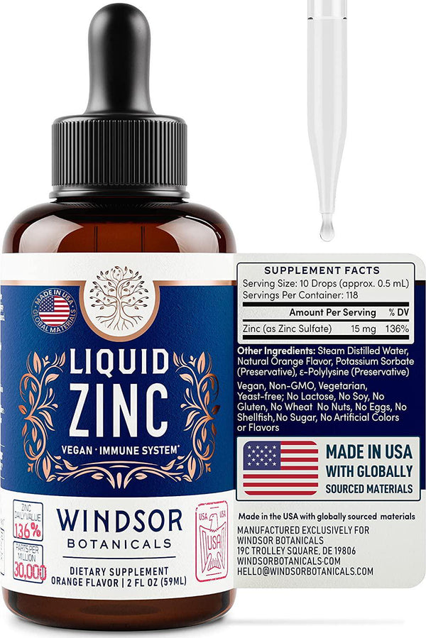 Maximum Strength Vegan Liquid Zinc Sulphate - Windsor Botanicals Ultra-Concentrated, Rapidly Absorbed Ionic Zinc - Clinical-Grade, All Natural, Vegan Mineral Formula - 2 oz