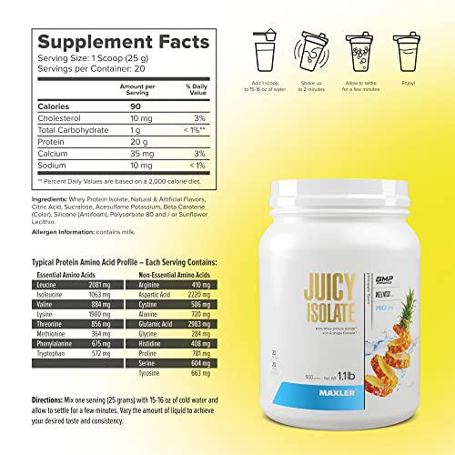 Maxler Juicy Isolate Protein Powder - Fat Free Lactose Free and Sugar Free Muscle Recovery Drink - Clear Protein Drink for Pre and Post Workout - 90% of Protein per Serving - Pineapple 1.1lb (20 Servings)