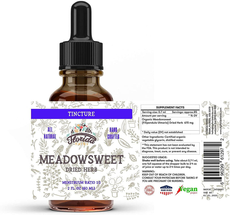 Meadowsweet Tincture Extract, Organic Meadowsweet (Filipendula Ulmaria) Dried Herb Herbal Supplement in Cold-Pressed Vegetable Glycerin