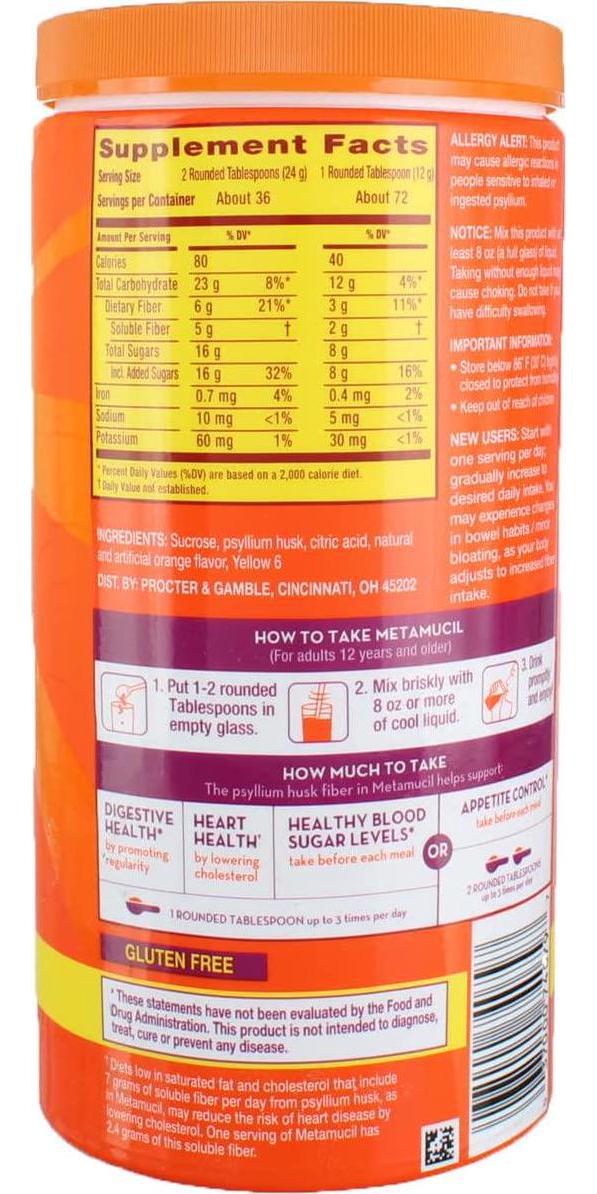 Metamucil, 4 in 1 MultiHealth Fiber Powder, Orange Smooth, 1.9 lbs (861 g)