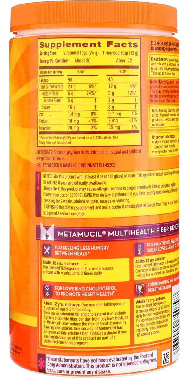 Metamucil, 4 in 1 MultiHealth Fiber Powder, Orange Smooth, 1.9 lbs (861 g)