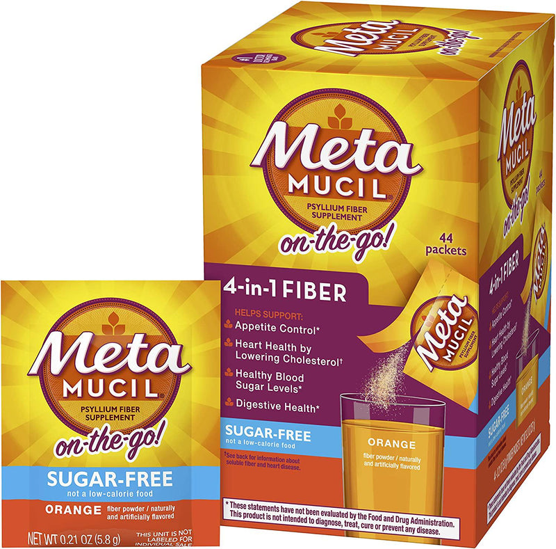 Metamucil Daily Fiber Supplement, Orange Smooth Sugar Free Psyllium Husk Fiber Powder Packets, 44 Singles