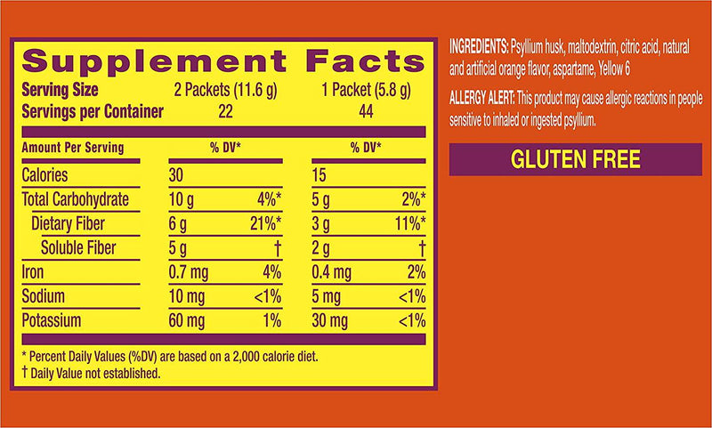 Metamucil Daily Fiber Supplement, Orange Smooth Sugar Free Psyllium Husk Fiber Powder Packets, 44 Singles