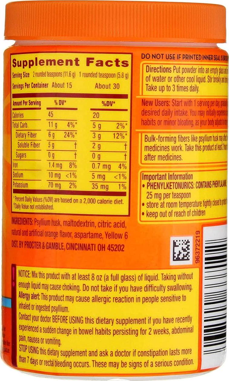 Metamucil Daily Fiber Supplement/Therapy for Regularity, Sugar Free, Orange Smooth, 6.1 oz (Pack of 3)