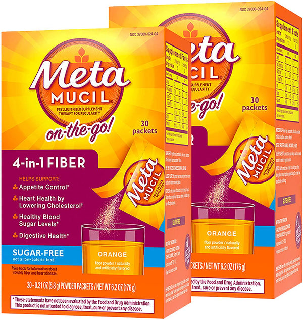 Metamucil Daily Fiber Supplement, Orange Smooth Sugar Free Psyllium Husk Fiber Powder Packets, 30 Singles (Pack of 2)