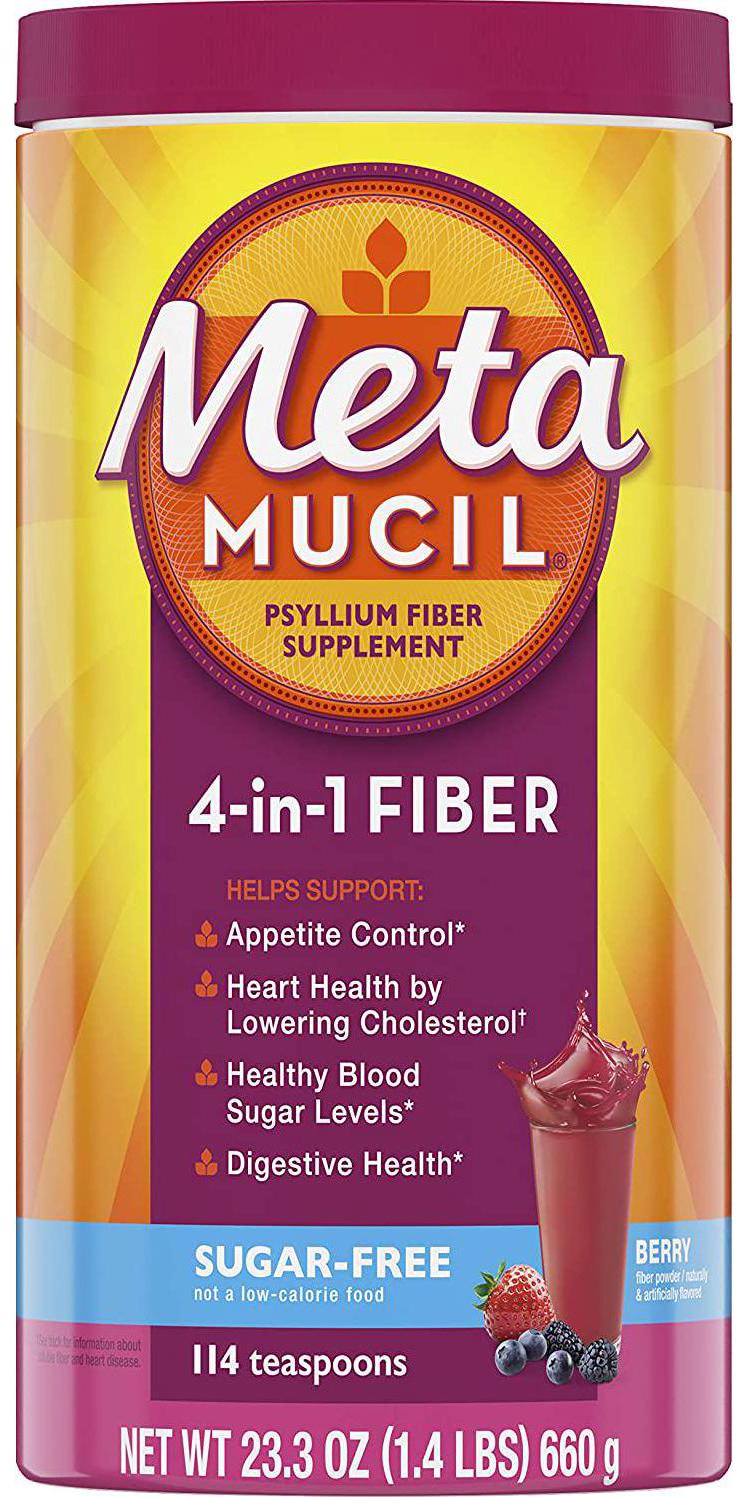 Metamucil Fiber, 4-in-1 Psyllium Fiber Supplement, Sugar-Free Powder, Berry Flavored Drink, 114 Servings (Packaging May Vary)