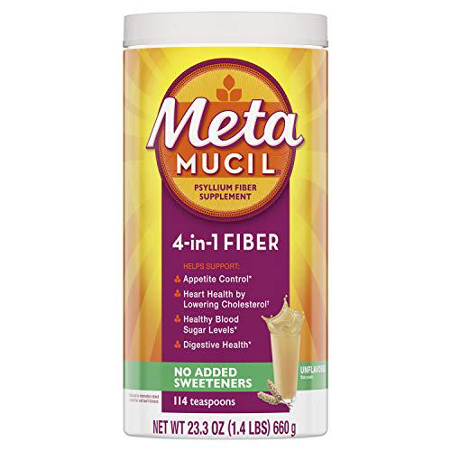 Metamucil, Fiber Supplement, Natural Psyllium Husk Powder, Plant Based, 4-in-1 Fiber for Digestive Health, No Sweeteners, 114 teaspoons (23.3 OZ Fiber Powder)