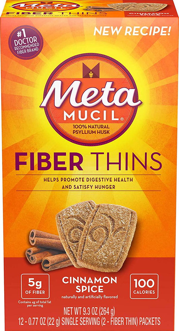 Metamucil Fiber Thins Cinnamon Spice 3-boxes of 12 packets. Each of the 12 packets contain 2 fiber thins