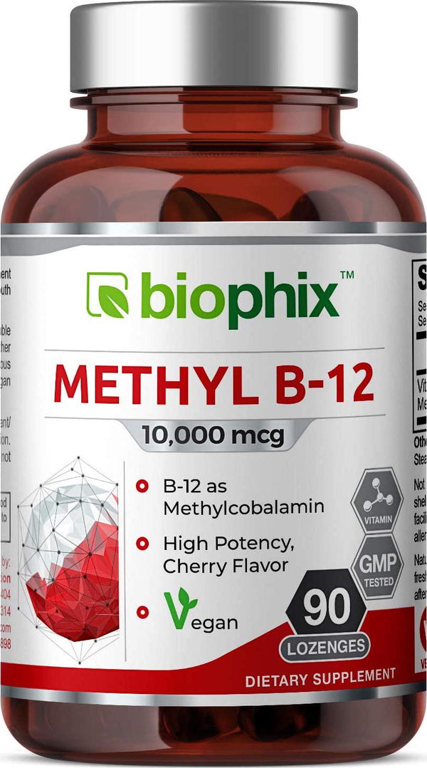 Methyl B-12 10000 mcg 90 Vegan Lozenges Cherry Flavor Extra Strength - Supports Nervous System | Immune Health | Blood Flow | Metabolism | Brain Focus | Energy