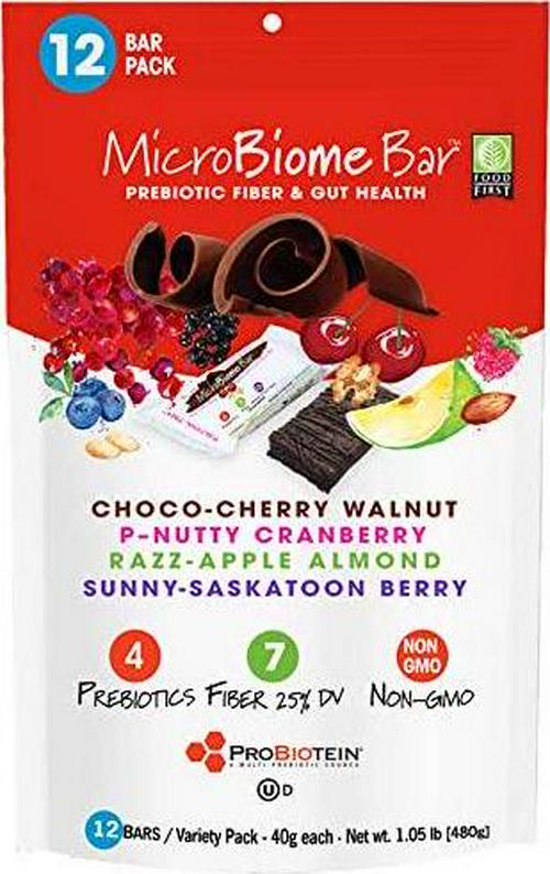 MicroBiome Bar, Prebiotic Fiber and Gut Health Bar, 1.4 oz, 12 Pack (Variety Pack of 4 Flavors)
