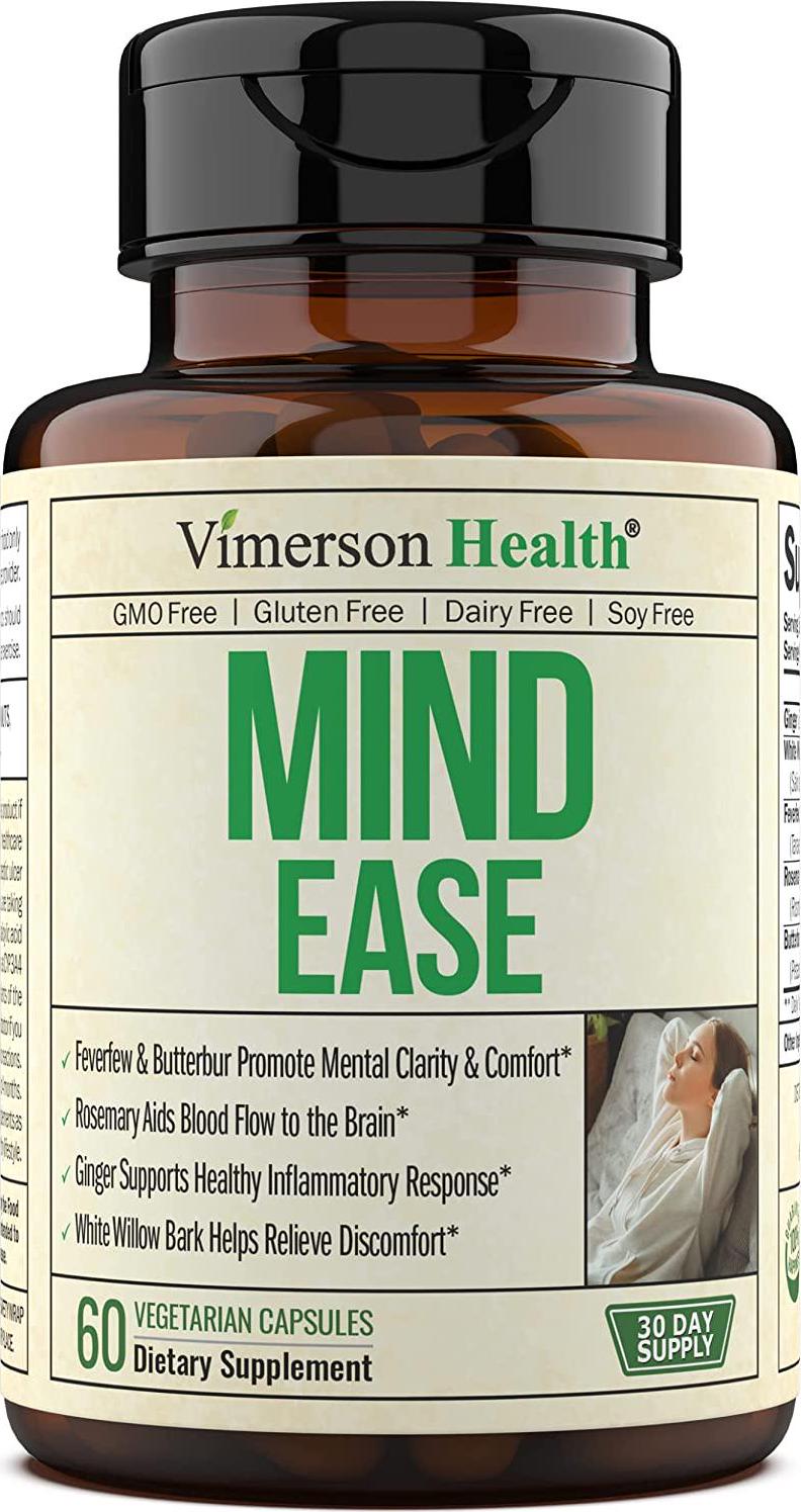 Mind Ease Supplement with Butterbur Extract, Feverfew and Ginger - Helps Relieve Head Discomfort and Balance Inflammation, Promotes Brain Health and Mental Calm With White Willow Bark and Rosemary 60 Capsules