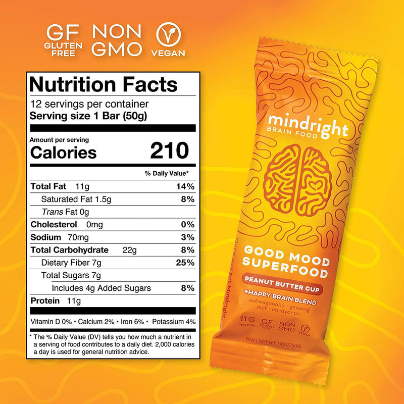 Mindright Superfood Vegan Protein Bar | Gluten Free, Non-Gmo, Low Sugar | Brain Food Snack to Enhance Mood, Energy, and Focus | Peanut Butter Cup | Pack of 12
