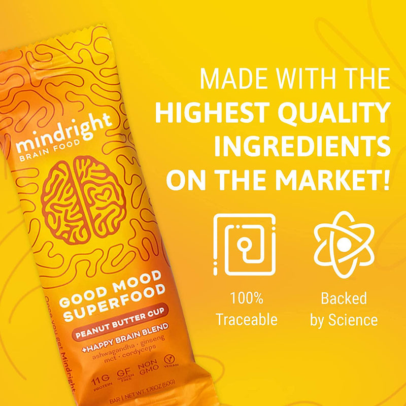 Mindright Superfood Vegan Protein Bar | Gluten Free, Non-Gmo, Low Sugar | Brain Food Snack to Enhance Mood, Energy, and Focus | Peanut Butter Cup | Pack of 12