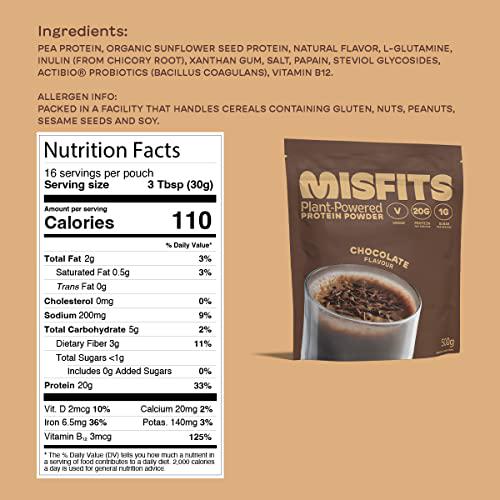 Misfits Vegan Protein Powder, Chocolate, 20g Plant Based Protein Shake, Low Calorie, No Added Sugar, Non Dairy, Non GMO, Plastic Free Packaging, 500g