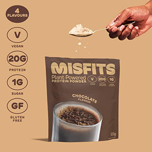 Misfits Vegan Protein Powder, Chocolate, 20g Plant Based Protein Shake, Low Calorie, No Added Sugar, Non Dairy, Non GMO, Plastic Free Packaging, 500g