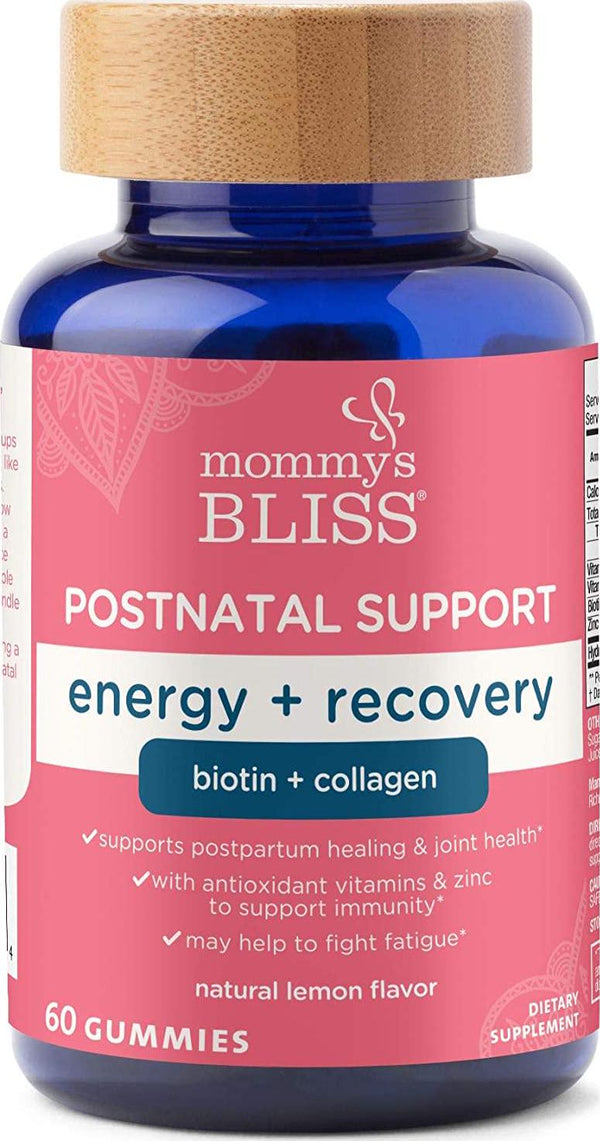Mommy's Bliss Energy + Recovery Postnatal Support Gummies with Biotin and Collagen, Supports Postpartum Healing and Joint Health, Natural Lemon Flavor, 60 Gummies