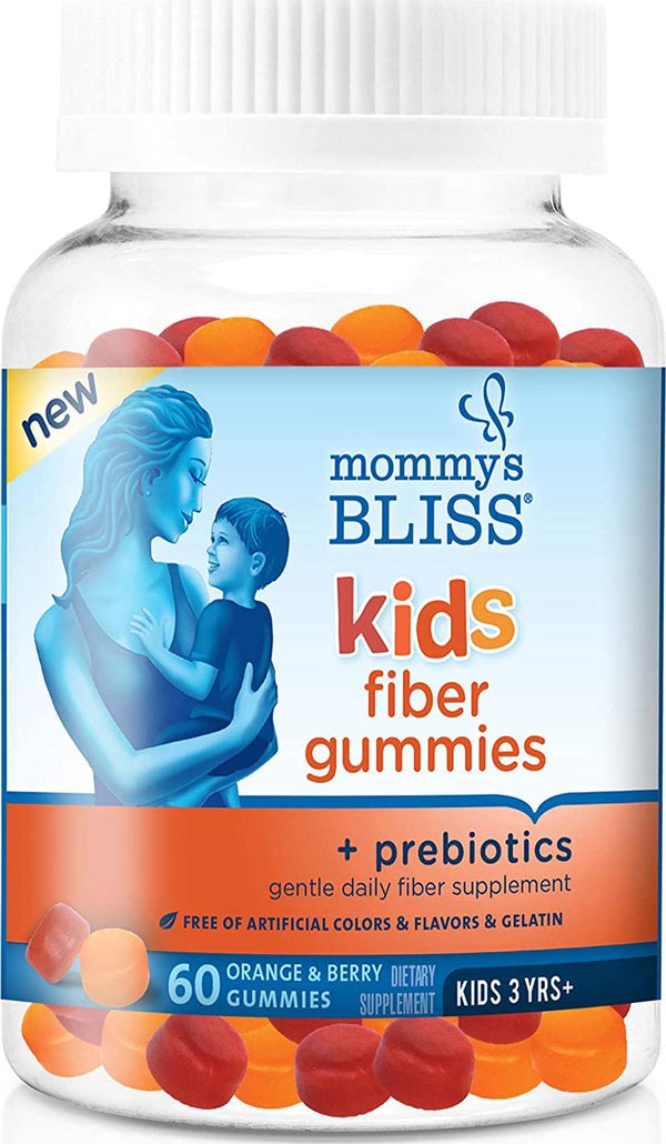 Mommy's Bliss Kids Fiber Gummies with Prebiotics and Chicory Root Gentle Daily Fiber Supplement (Ages 3+), Natural Orange and Berry Flavors ,60 Gummies