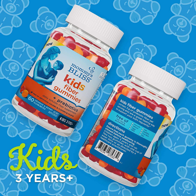 Mommy's Bliss Kids Fiber Gummies with Prebiotics and Chicory Root Gentle Daily Fiber Supplement (Ages 3+), Natural Orange and Berry Flavors ,60 Gummies