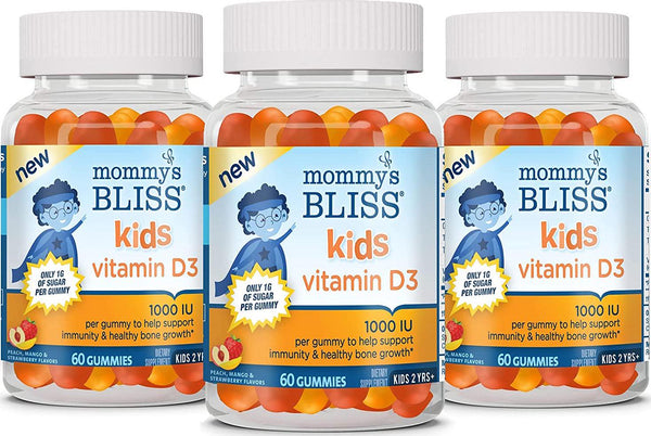 Mommy's Bliss Kids Vitamin D3 Gummies, 1000 IU Vitamin D3 Supports Immunity and Healthy Bone Growth, Gelatin Free, 1G Sugar, Ages 2 Years+, Peach, Mango and Strawberry Flavors, 60 Day Supply (Pack of 3)