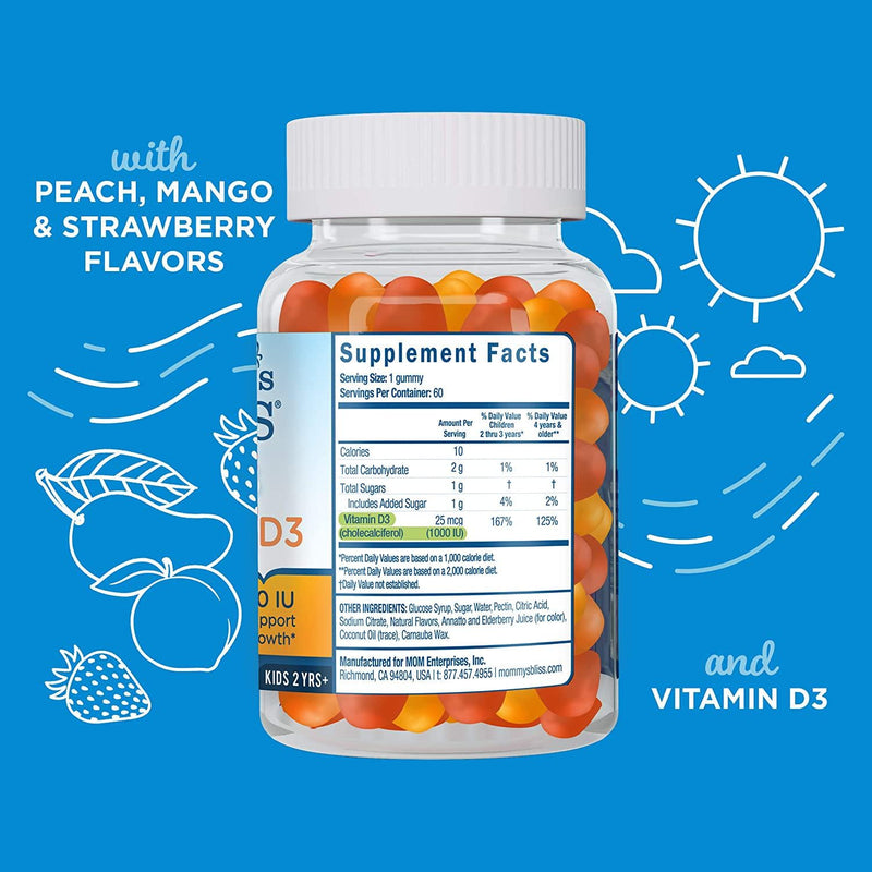 Mommy's Bliss Kids Vitamin D3 Gummies, 1000 IU of Vitamin D3 Supports Immunity and Healthy Bone Growth, Gelatin Free, 1G of Sugar, Ages 2 Years+, Peach, Mango and Strawberry Flavors, 60 Day Supply