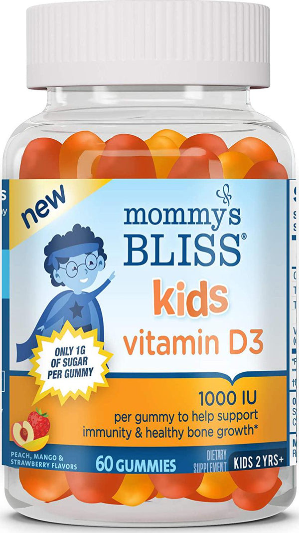 Mommy's Bliss Kids Vitamin D3 Gummies, 1000 IU of Vitamin D3 Supports Immunity and Healthy Bone Growth, Gelatin Free, 1G of Sugar, Ages 2 Years+, Peach, Mango and Strawberry Flavors, 60 Day Supply