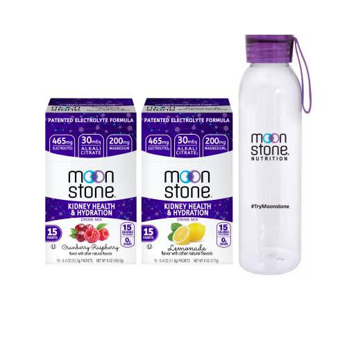 Moonstone Nutrition Kidney Cleanse and Kidney Support Drink Mix, Electrolyte Hydration Powder, Chanca Piedra Alternative, Potassium, 15 Pack Cranberry Raspberry, Lemonade and 1 Free Water Bottle