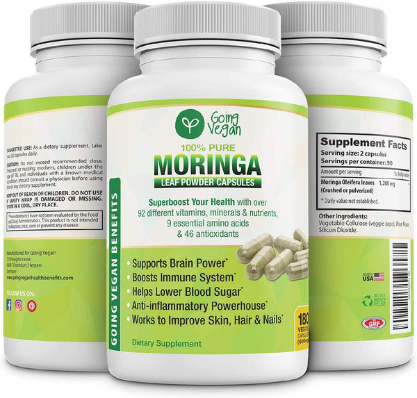 Moringa Capsules Organic Oleifera Leaf, 180 Vegan Powder Pills, 1200mg Per Serving, Anti-inflammatory Supplement, Immune System, Metabolism, Energy and Brain Booster, Non GMO