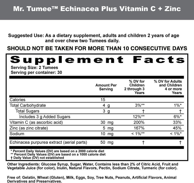 Mr. Tumee Echinacea + Vitamin C and Zinc Gumee, Strawberry/Lemon/Orange/Grape/Cherry/Grapefruit, 60 Count