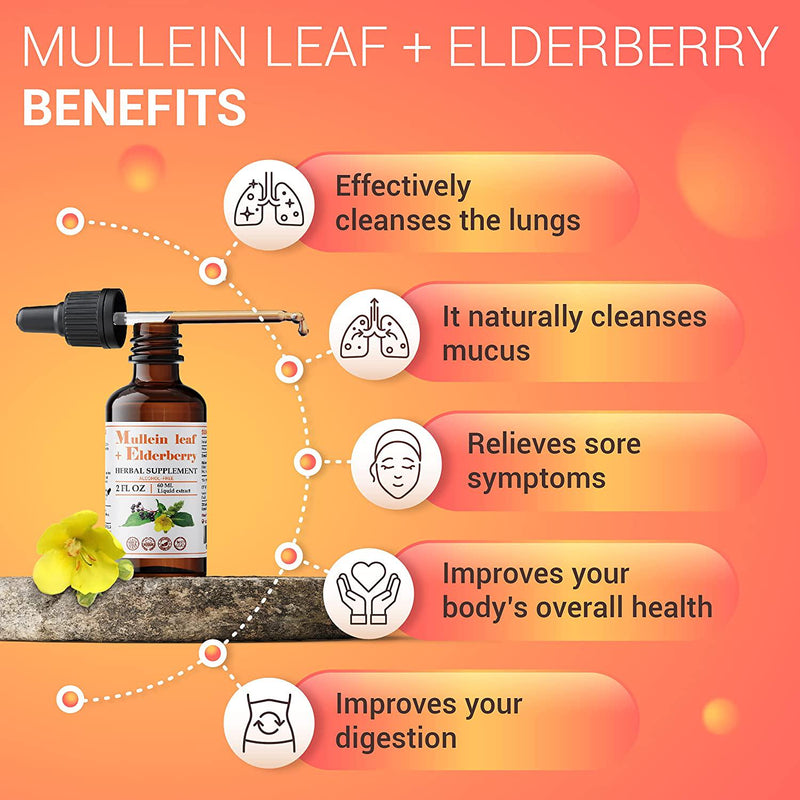 Mullein Leaf Extract with Elderberry Extract 2 fl oz Supports Healthy Respiratory Function and Immune System Organic Mullein Lung Cleanse Herbal Supplement