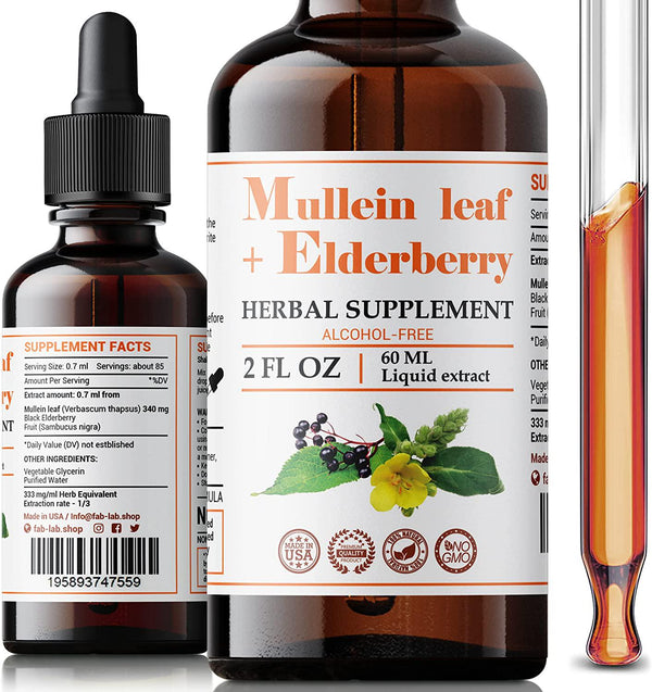 Mullein Leaf Extract with Elderberry Extract 2 fl oz Supports Healthy Respiratory Function and Immune System Organic Mullein Lung Cleanse Herbal Supplement