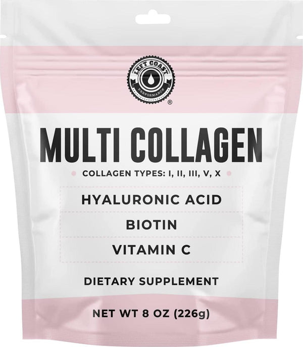 Multi Collagen Peptides Supplement with Vitamin C, Hyaluronic Acid and Biotin for Women. Collagen Types I, II, III, X, V.