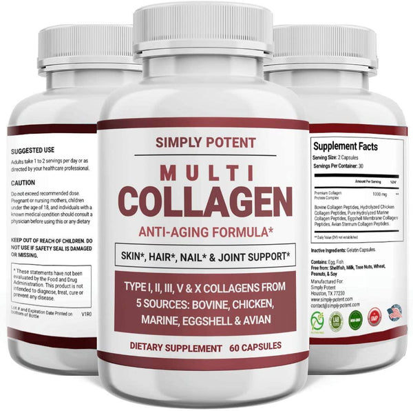 Multi Collagen Peptides Powder Capsules, 60 Type I, II, III, V, X Hydrolyzed Collagen Pills, Bovine, Chicken, Eggshell, Avian and Marine All-in-One 5 Collagen Supplements for Skin, Hair, Nails and Joints