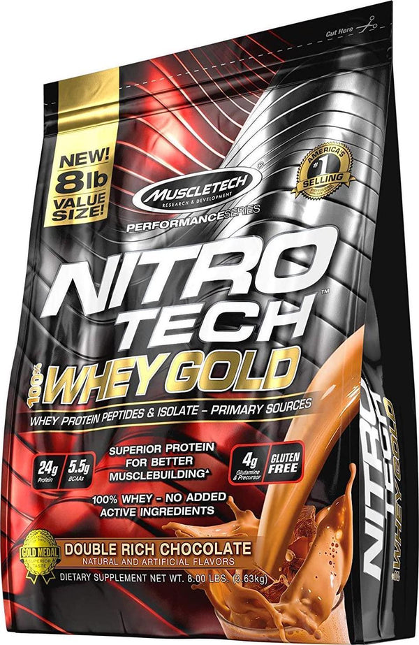 MuscleTech NitroTech 100% Whey Gold, Whey Isolate and Peptides, Double Rich Chocolate, 8 Pound