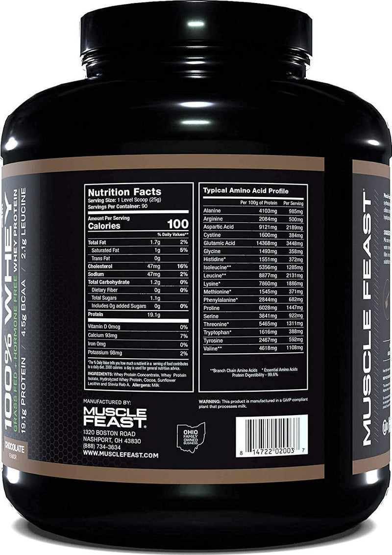 Muscle Feast 100% Whey Protein Grass Fed and Hormone Free Blend Of Isolate, Concentrate And Hydrolyzed Whey Protein (5Lb, Chocolate)