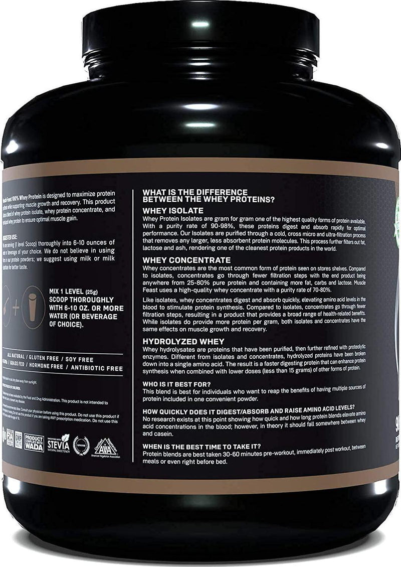 Muscle Feast 100% Whey Protein Grass Fed and Hormone Free Blend Of Isolate, Concentrate And Hydrolyzed Whey Protein (5Lb, Chocolate)
