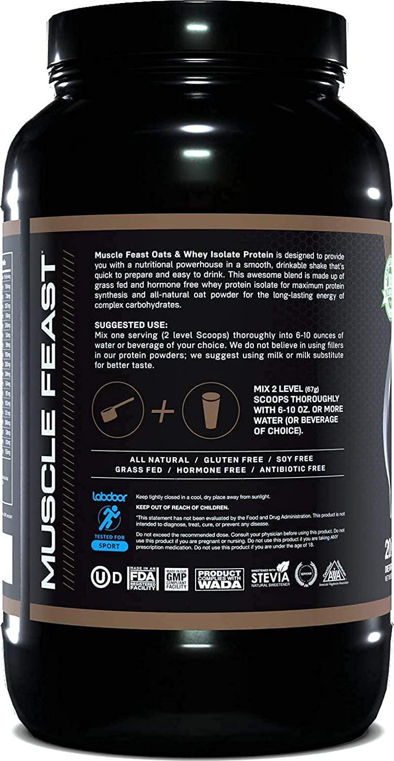 Muscle Feast Grass-Fed Whey Protein Oats + Isolate Powder, Hormone Free Gluten-Free, Chocolate, 3lb