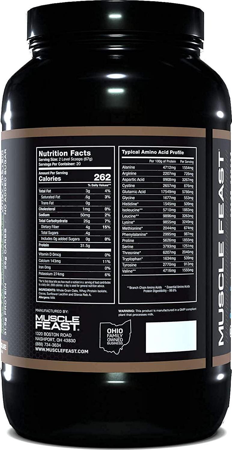 Muscle Feast Grass-Fed Whey Protein Oats + Isolate Powder, Hormone Free Gluten-Free, Chocolate, 3lb
