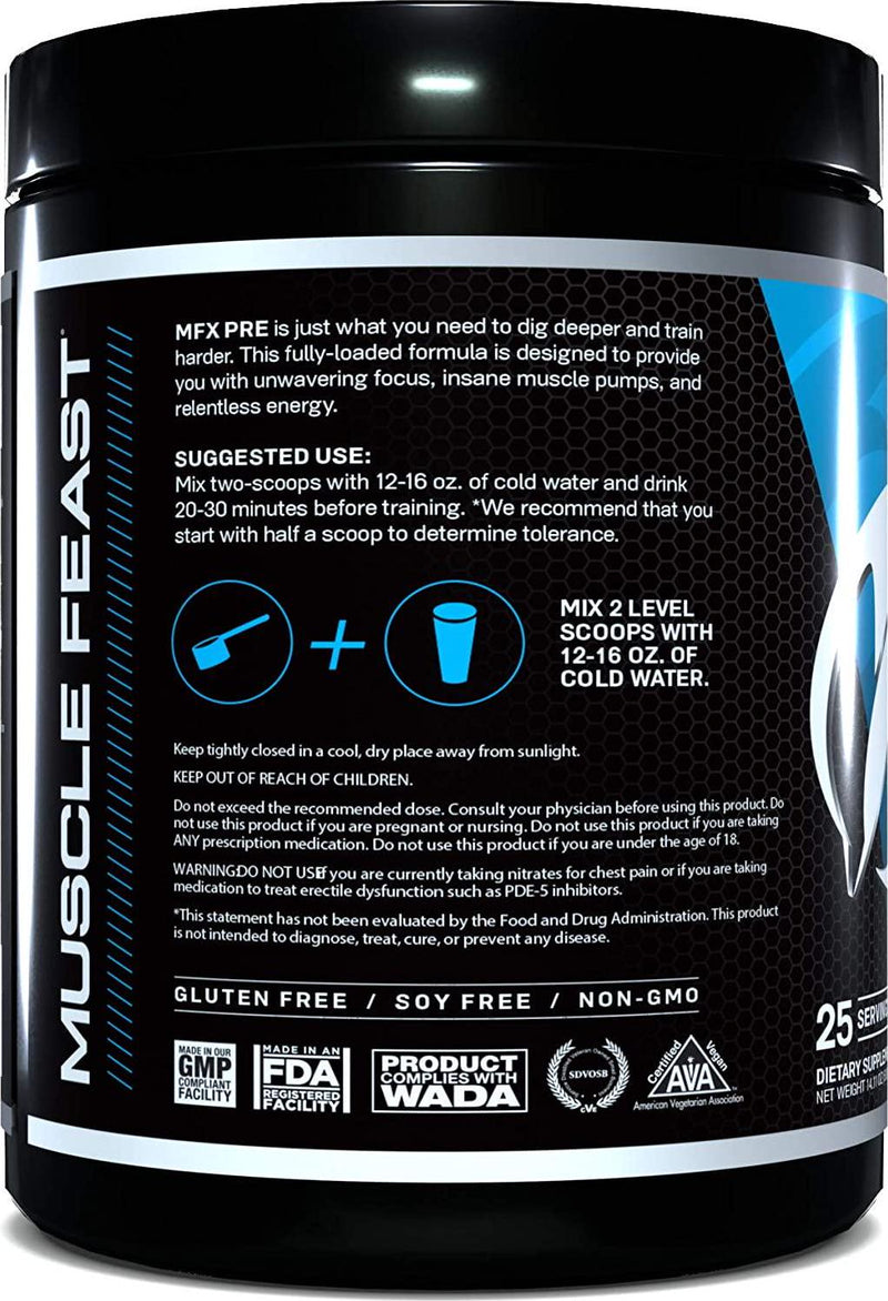 Muscle Feast MFX PRE CarnoSyn Natural Caffeine Nitric Oxide Pre-Workout Powder, Blue Ice Pop, 500g