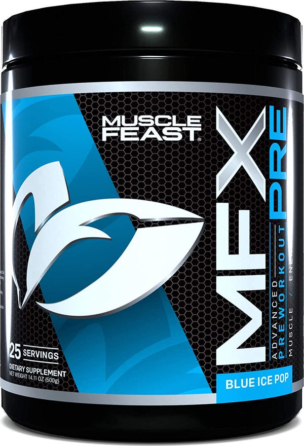 Muscle Feast MFX PRE CarnoSyn Natural Caffeine Nitric Oxide Pre-Workout Powder, Blue Ice Pop, 500g