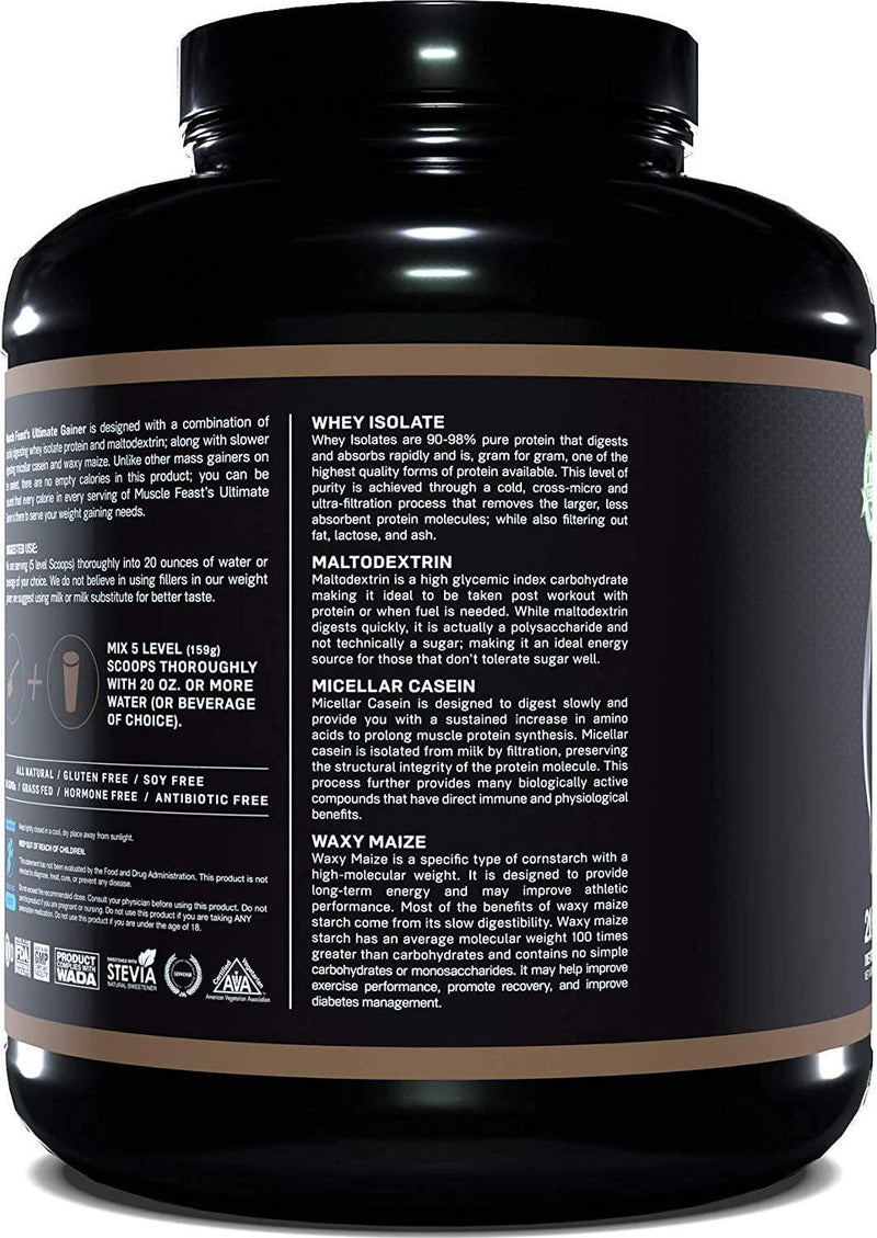 Muscle Feast Ultimate Weight Gainer Protein Powder | Grass Fed, Pasture Raised, RBST/rBGH Free (No Added Hormones), Soy Free, Kosher, Vegetarian, Gluten Free, Naturally Flavored | 46g Protein | Chocolate 7lb