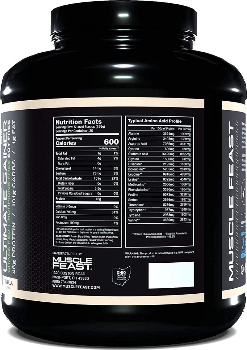 Muscle Feast Ultimate Weight Gainer Protein Powder | Grass Fed, Pasture Raised, RBST/rBGH Free (No Added Hormones), Soy Free, Kosher, Vegetarian, Gluten Free, Naturally Flavored | 46g Protein | Vanilla 7lb