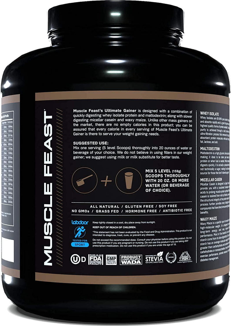 Muscle Feast Ultimate Weight Gainer Protein Powder | Grass Fed, Pasture Raised, RBST/rBGH Free (No Added Hormones), Soy Free, Kosher, Vegetarian, Gluten Free, Naturally Flavored | 46g Protein | Chocolate 7lb