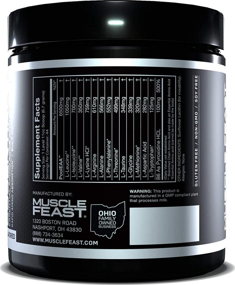 Muscle Feast Vegan Essential Amino Acid Powder Post Workout Recovery and Intra-Training Drink, Unflavored, 300g